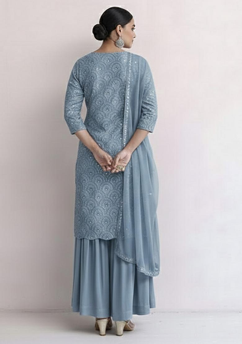 Powder Blue Embroidered Net Sharara Set - Indya