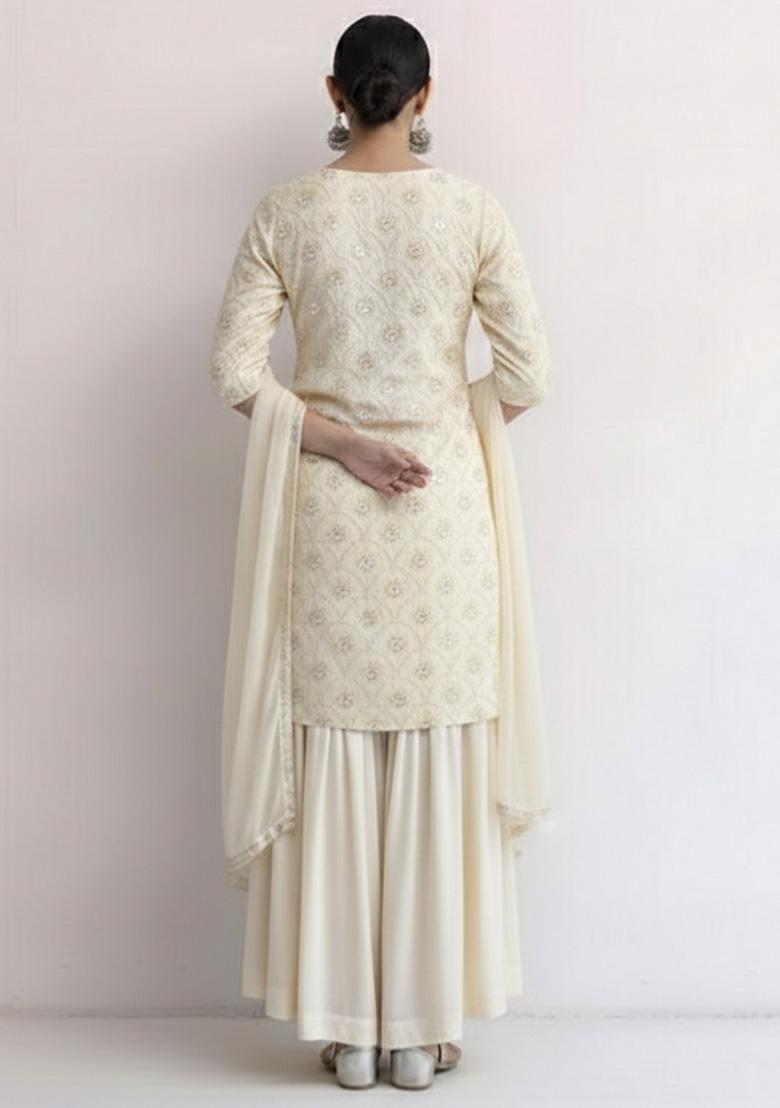 Off White Embroidered Net Sharara Set - Indya