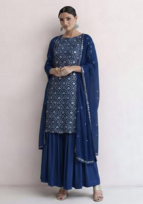 Navy Blue Embroidered Net Sharara Set