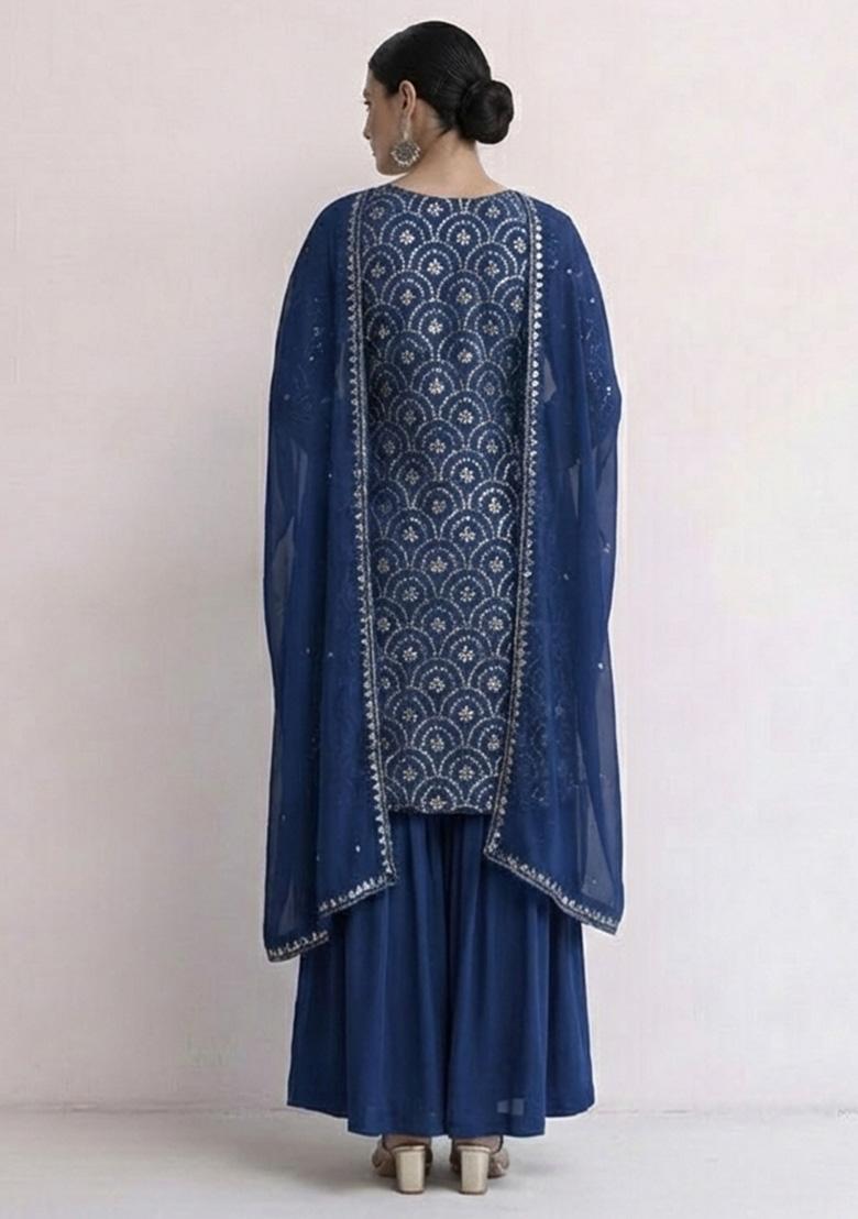 Navy Blue Embroidered Net Sharara Set - Indya