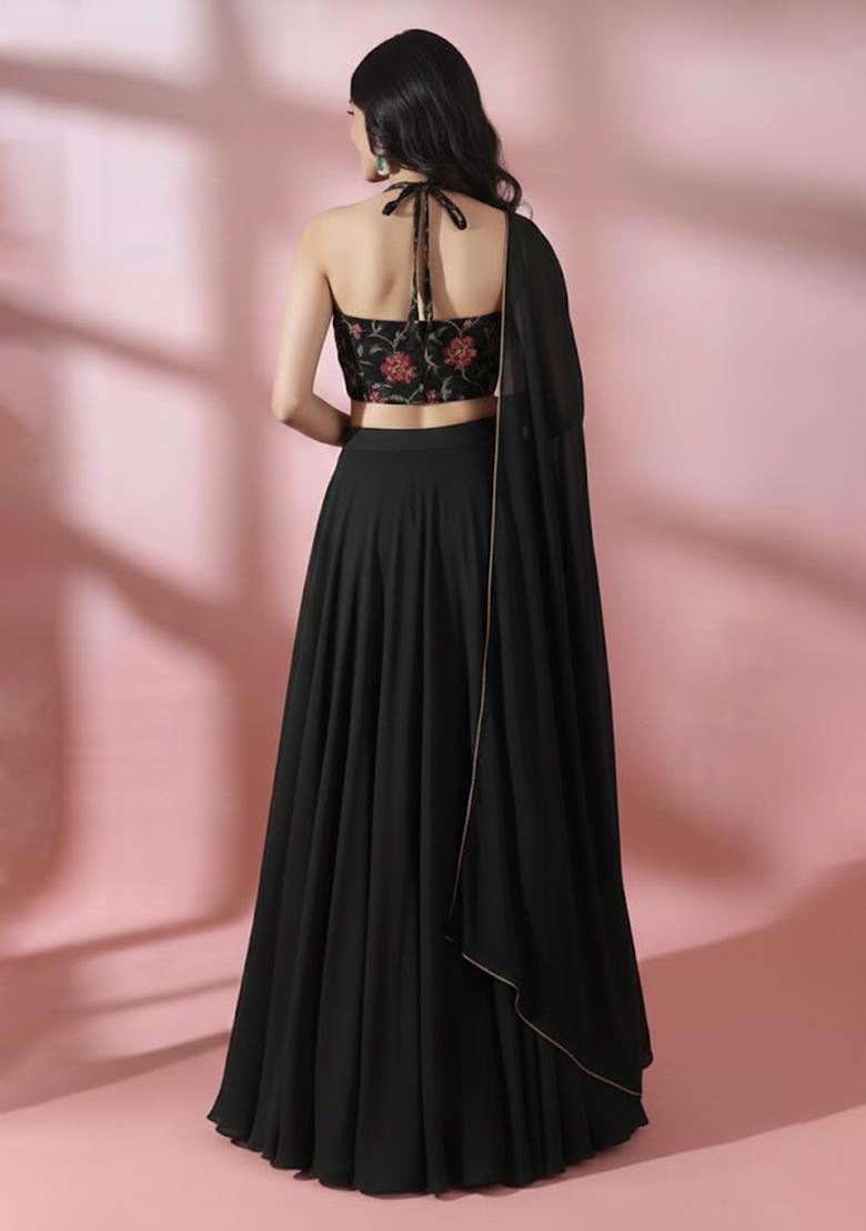 Black Embroidered Chanderi Lehenga Set - Indya