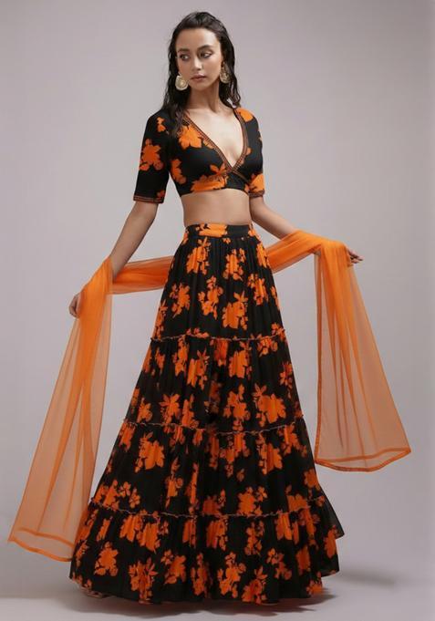 Blush Pink Floral Print Crepe Lehenga Set
