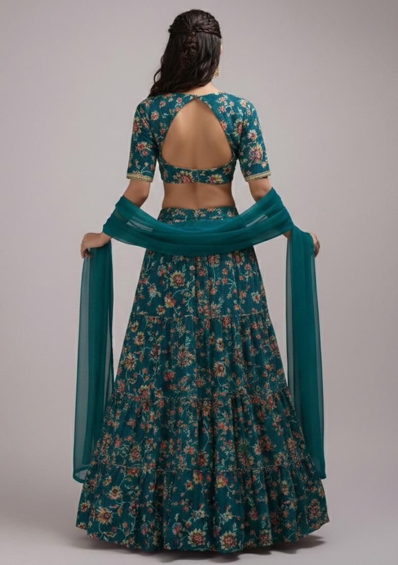 Teal Blue Floral Print Crepe Lehenga Set - Indya