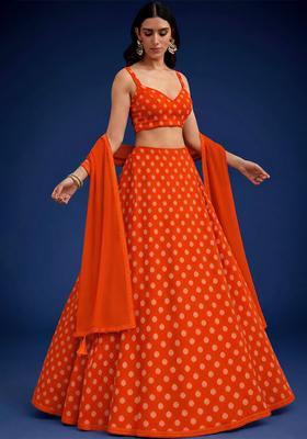 Coral Orange Silk Blend Lehenga Set