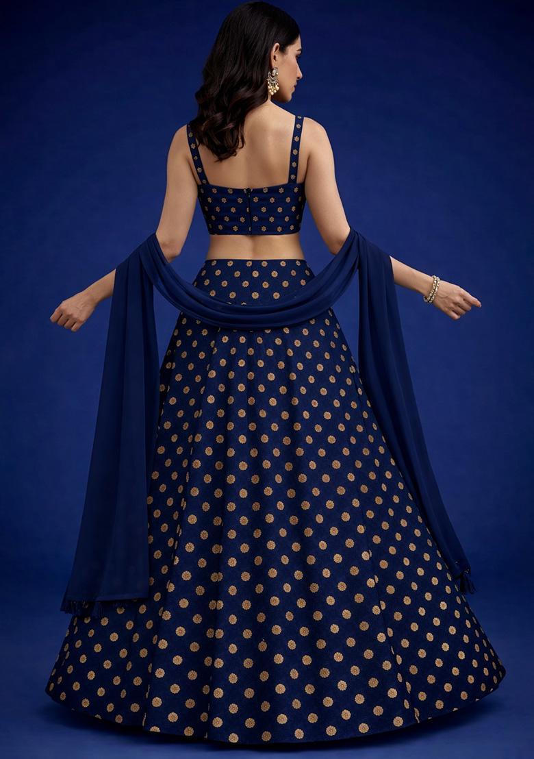 Navy Blue Silk Blend Lehenga Set - Indya