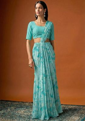 Aqua Blue Floral Print Georgette Pre Draped Saree Set