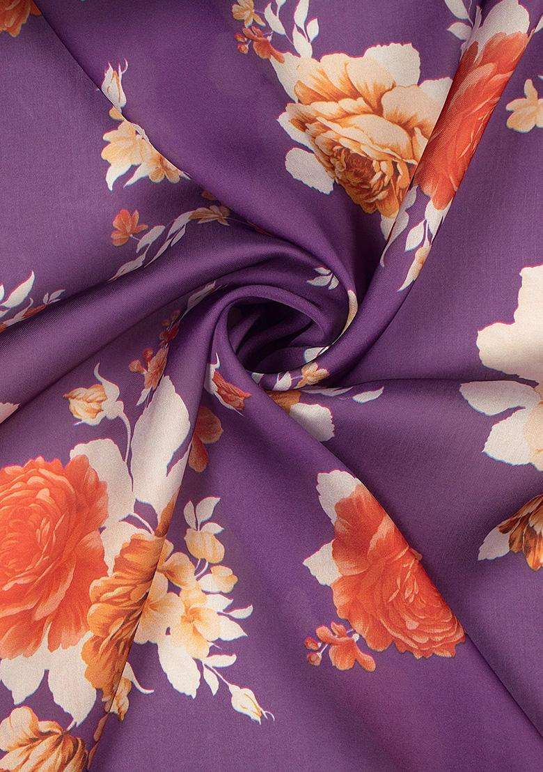 Purple Floral Print Georgette Pre Draped Saree Set - Indya
