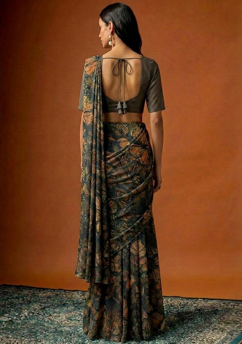 Charcoal Grey Floral Print Georgette Pre Draped Saree Set - Indya