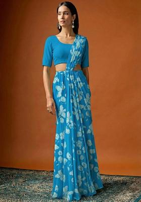 Aqua Blue Floral Print Georgette Pre Draped Saree Set