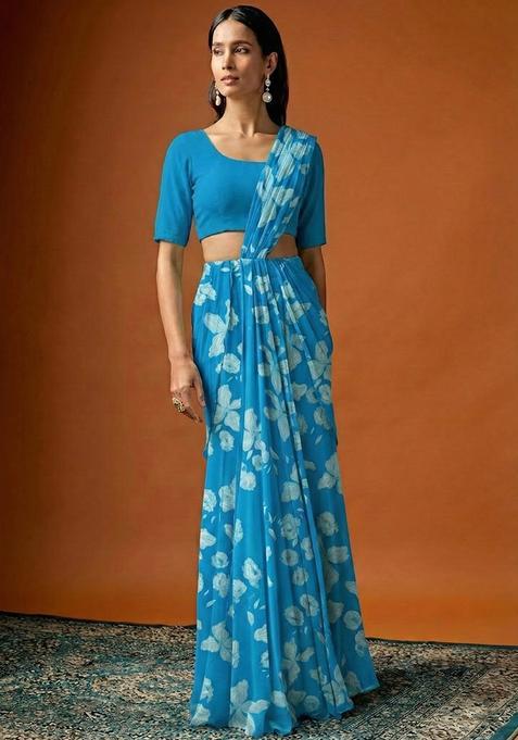 Aqua Blue Floral Print Georgette Pre Draped Saree Set