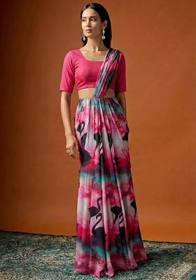 Pink Figure Print Georgette Pre Draped Saree Set