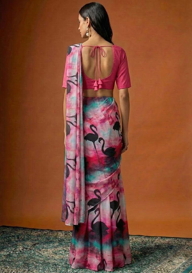 Pink Figure Print Georgette Pre Draped Saree Set - Indya