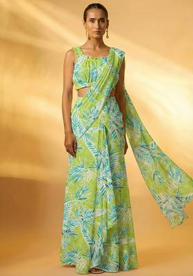 Mint Green Floral Print Chinon Pre Draped Saree Set
