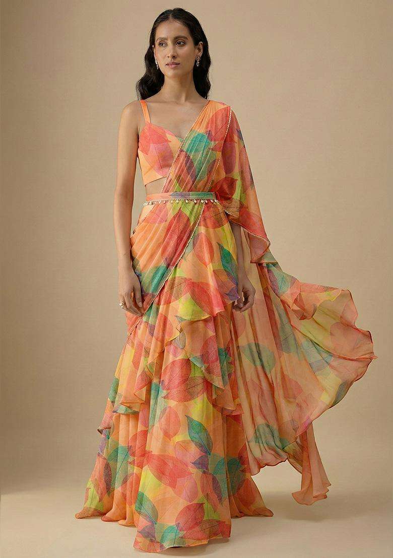 Peach Orange Floral Print Satin Pre Draped Saree Set - Indya