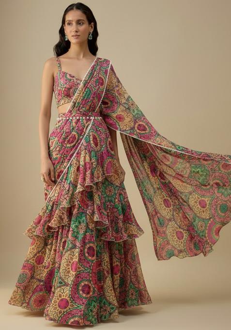 Multicolor Floral Print Satin Pre Draped Saree Set