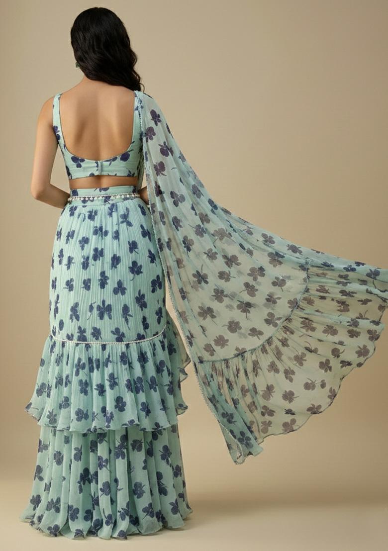 Ice Blue Floral Print Satin Pre Draped Saree Set - Indya