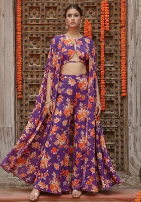Plum Purple Floral Print Georgette Fusion Set