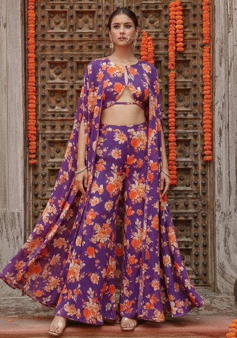 Plum Purple Floral Print Georgette Fusion Set