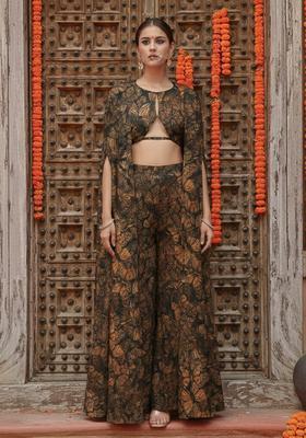 Brown Floral Print Georgette Fusion Set