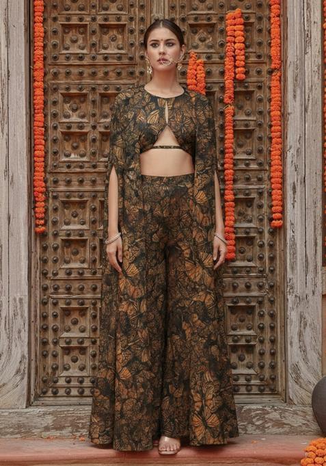 Brown Floral Print Georgette Fusion Set