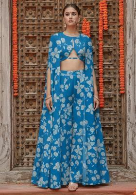 Teal Blue Floral Print Georgette Fusion Set