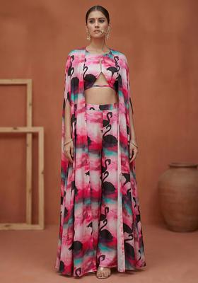 Pink Figure Print Georgette Fusion Set