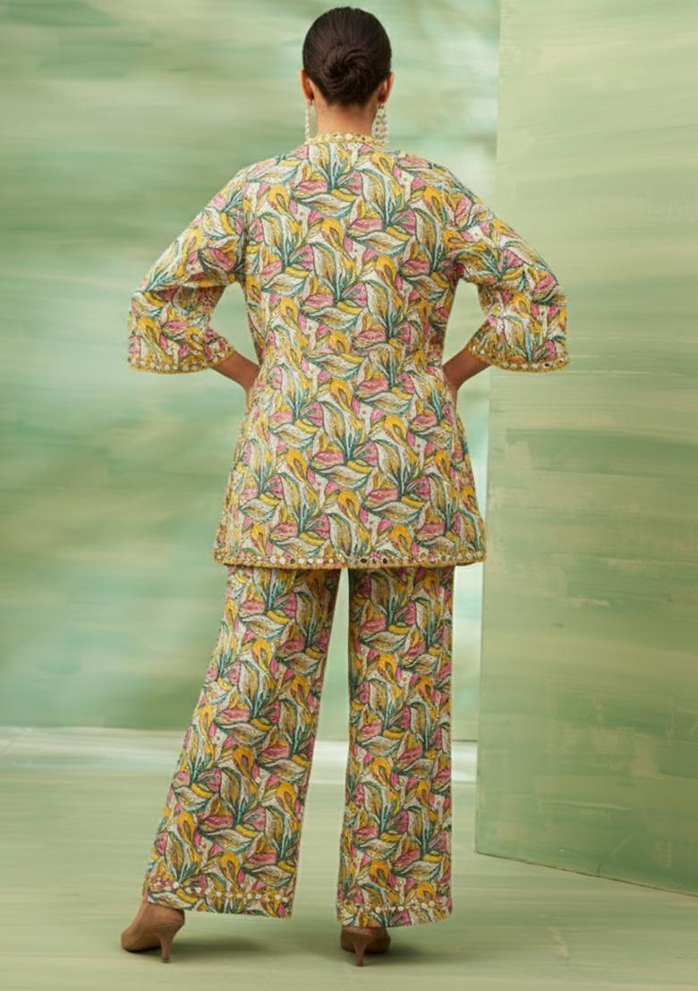 Sage Green Floral Print Crepe Fusion Set - Indya