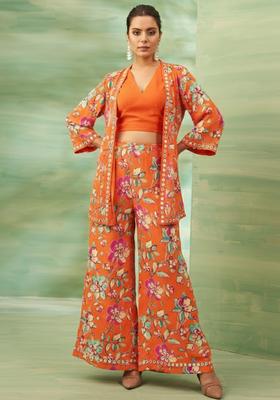 Orange Floral Print Crepe Fusion Set