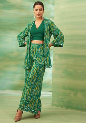 Dark Green Floral Print Crepe Fusion Set