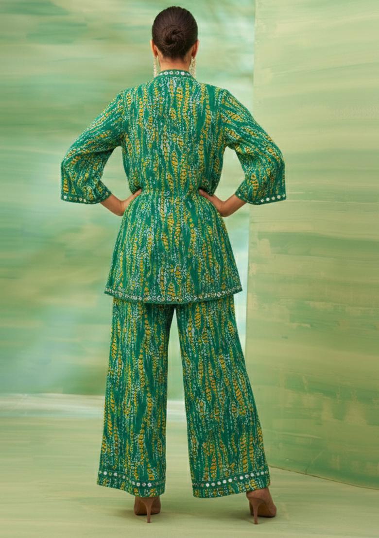 Dark Green Floral Print Crepe Fusion Set - Indya