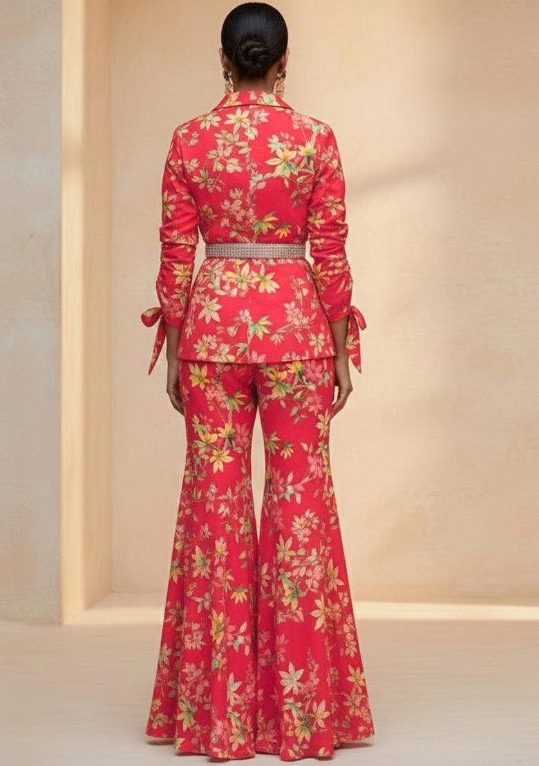 Red Floral Print Georgette Fusion Set - Indya