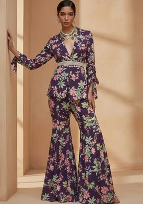 Deep Plum Floral Print Georgette Fusion Set