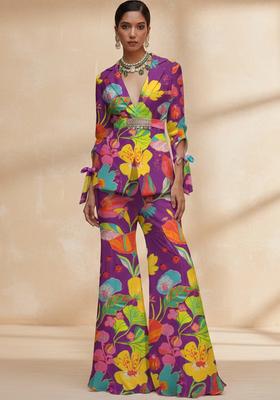 Purple Floral Print Georgette Fusion Set