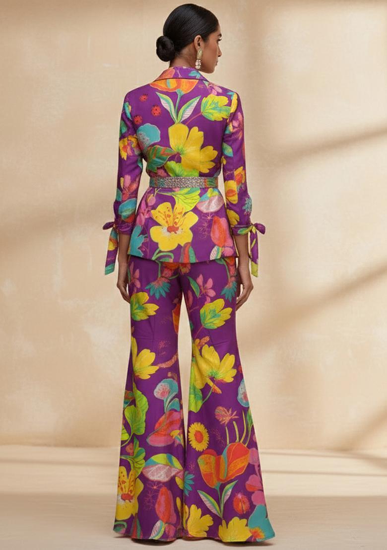Purple Floral Print Georgette Fusion Set - Indya