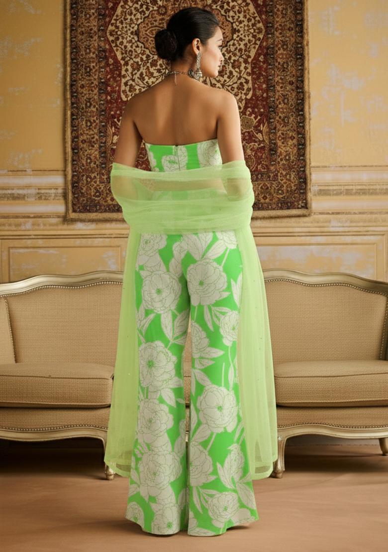 Lime Green Floral Print Crepe Fusion Set - Indya