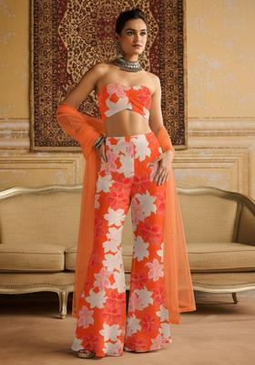 Coral Peach Floral Print Crepe Fusion Set