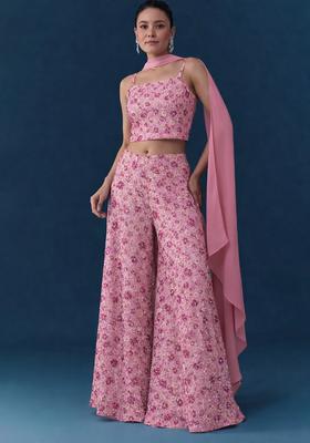 Pink Embroidered Net Fusion Set