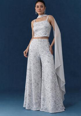 Silver Embroidered Net Fusion Set