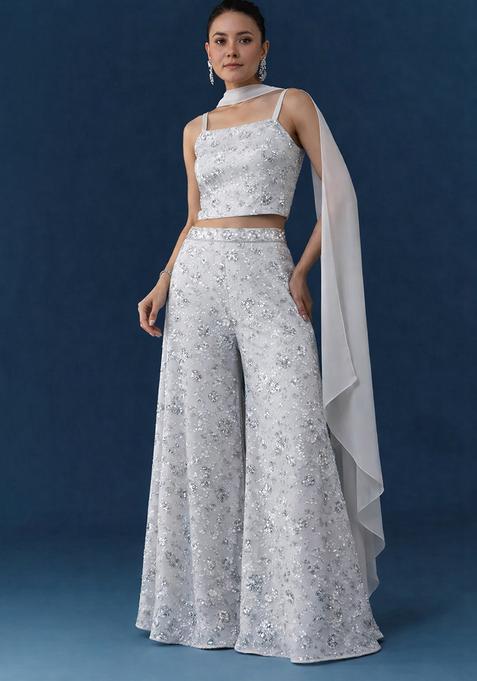 Silver Embroidered Net Fusion Set