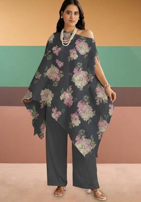 Charcoal Grey Floral Print Georgette Kaftan Set