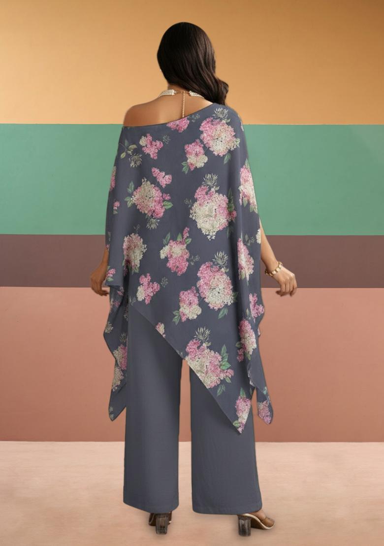 Charcoal Grey Floral Print Georgette Kaftan Set - Indya
