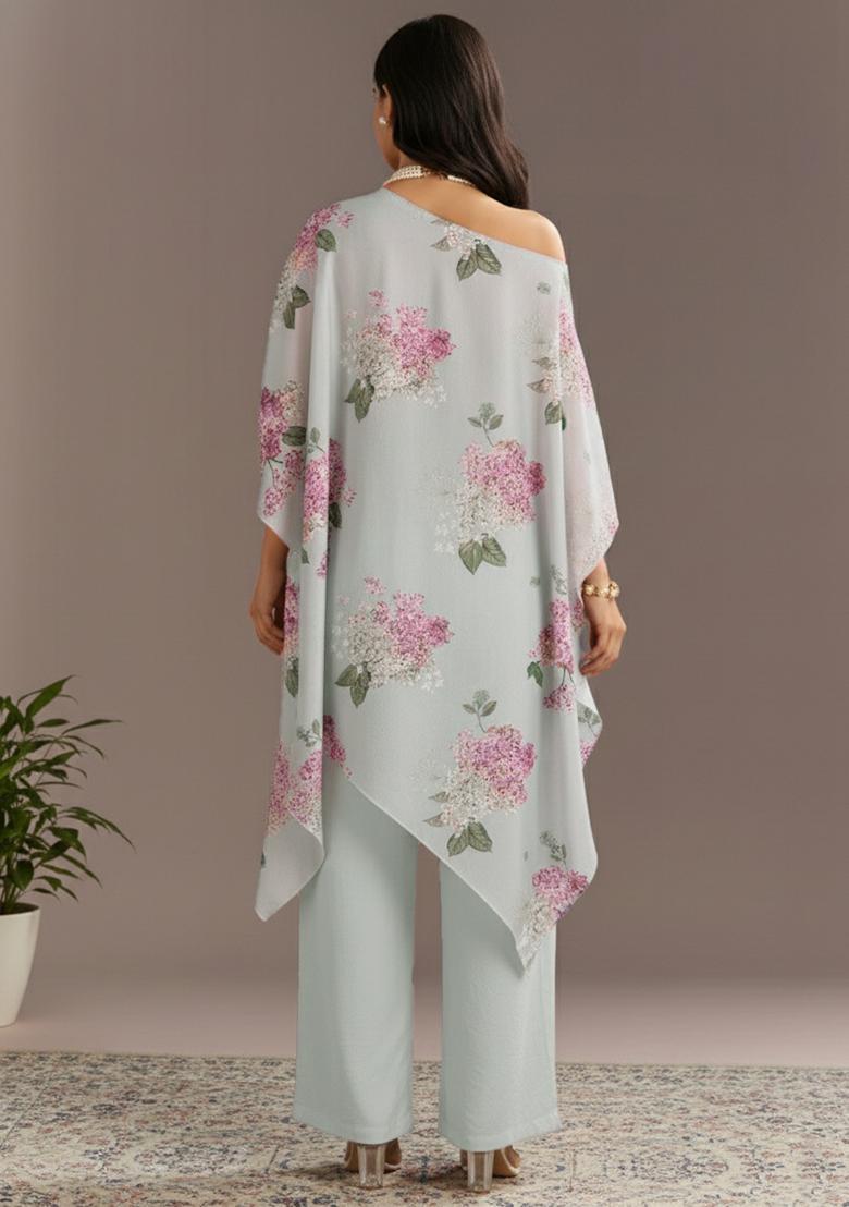 Grey Floral Print Georgette Kaftan Set - Indya