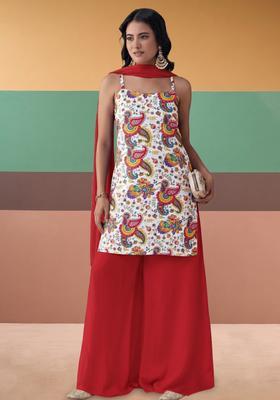 Red Embroidered Crepe Sharara Set
