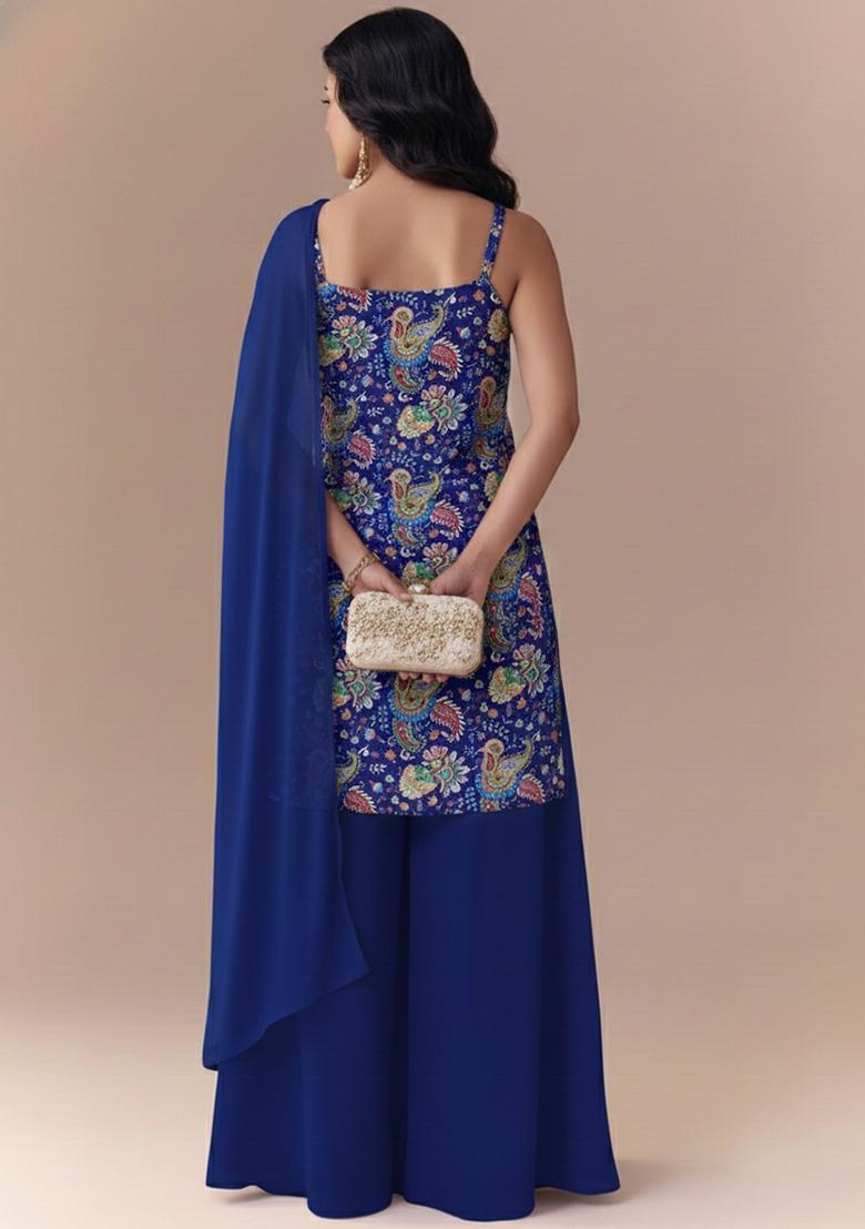 Royal Blue Embroidered Crepe Sharara Set - Indya