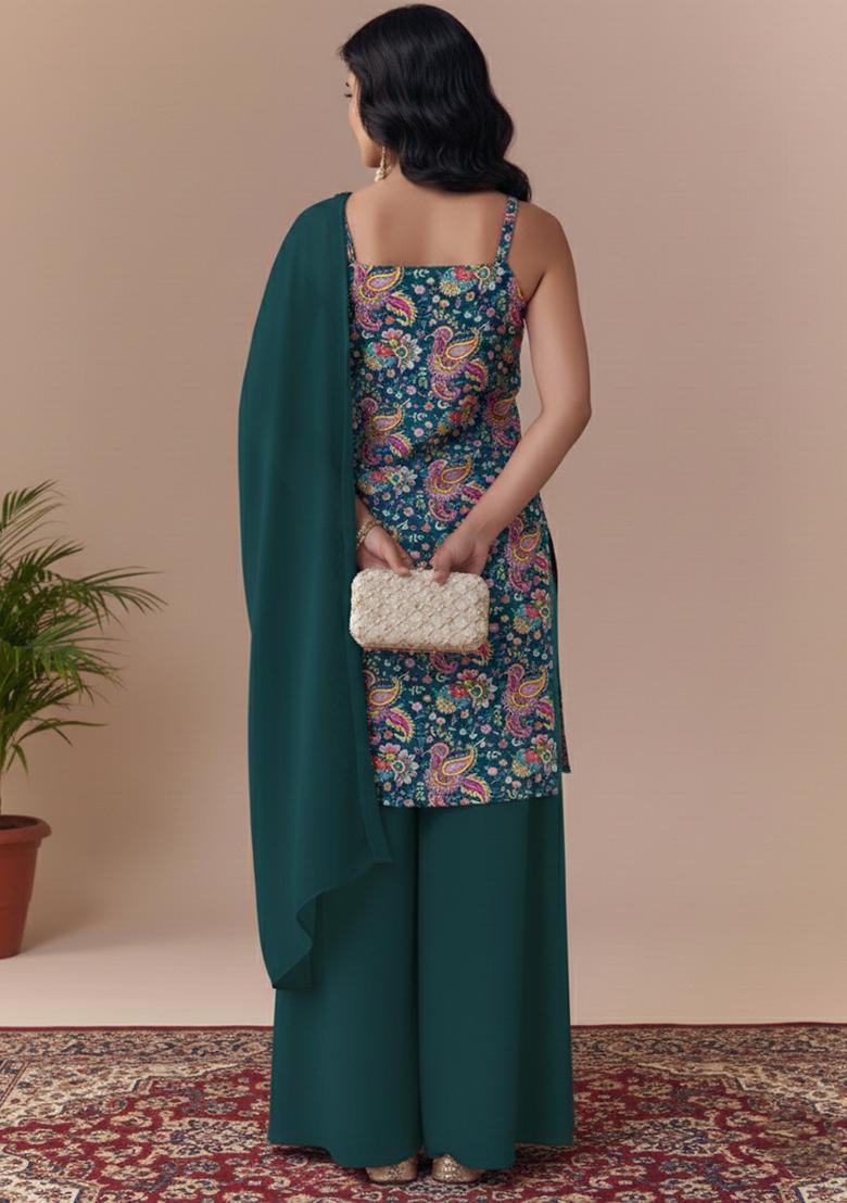 Teal Blue Embroidered Crepe Sharara Set - Indya