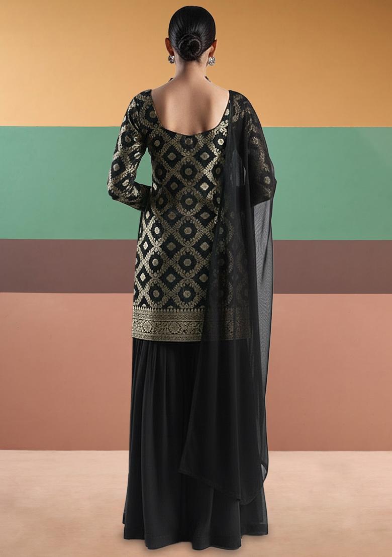 Black Silk Blend Sharara Set - Indya
