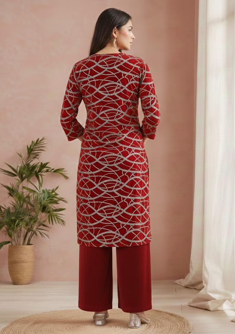 Red Sequin Work Georgette Straight Kurta Set - Indya