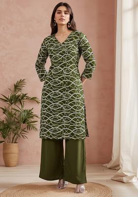 Olive Green Printed Georgette Straight Kurta Set