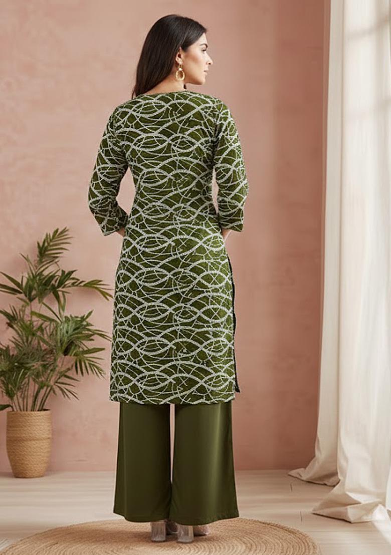 Olive Green Printed Georgette Straight Kurta Set - Indya