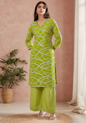 Leaf Green Printed Georgette Straight Kurta Set